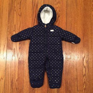 SZ 3/6 M - OSHKOSH Baby Girl PUFFER SNOWSUIT - Navy / Gold polka dot